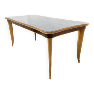 Vintage Beech and Maple Dining Table with a Patterned Blue Glass Top, Italy