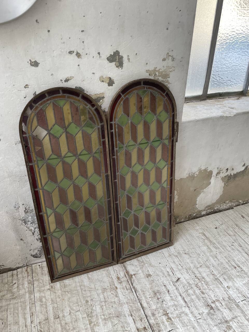 Old stained glass window in metal and glass 1900