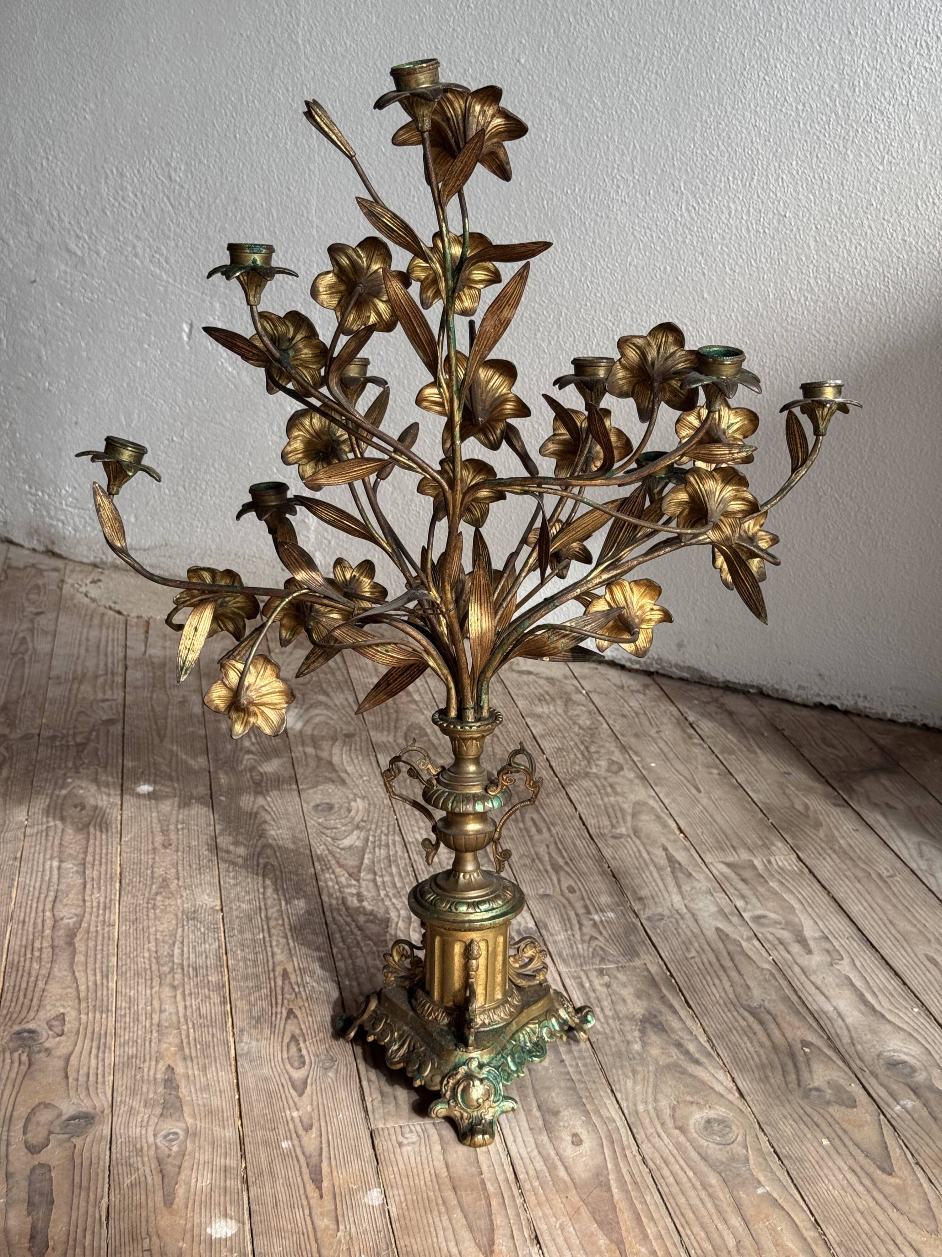 Pair of large 9-light altar candelabra, 19th century, in bronze and brass