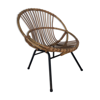 Rattan shell armchair - black metallic tubular base - 1960
