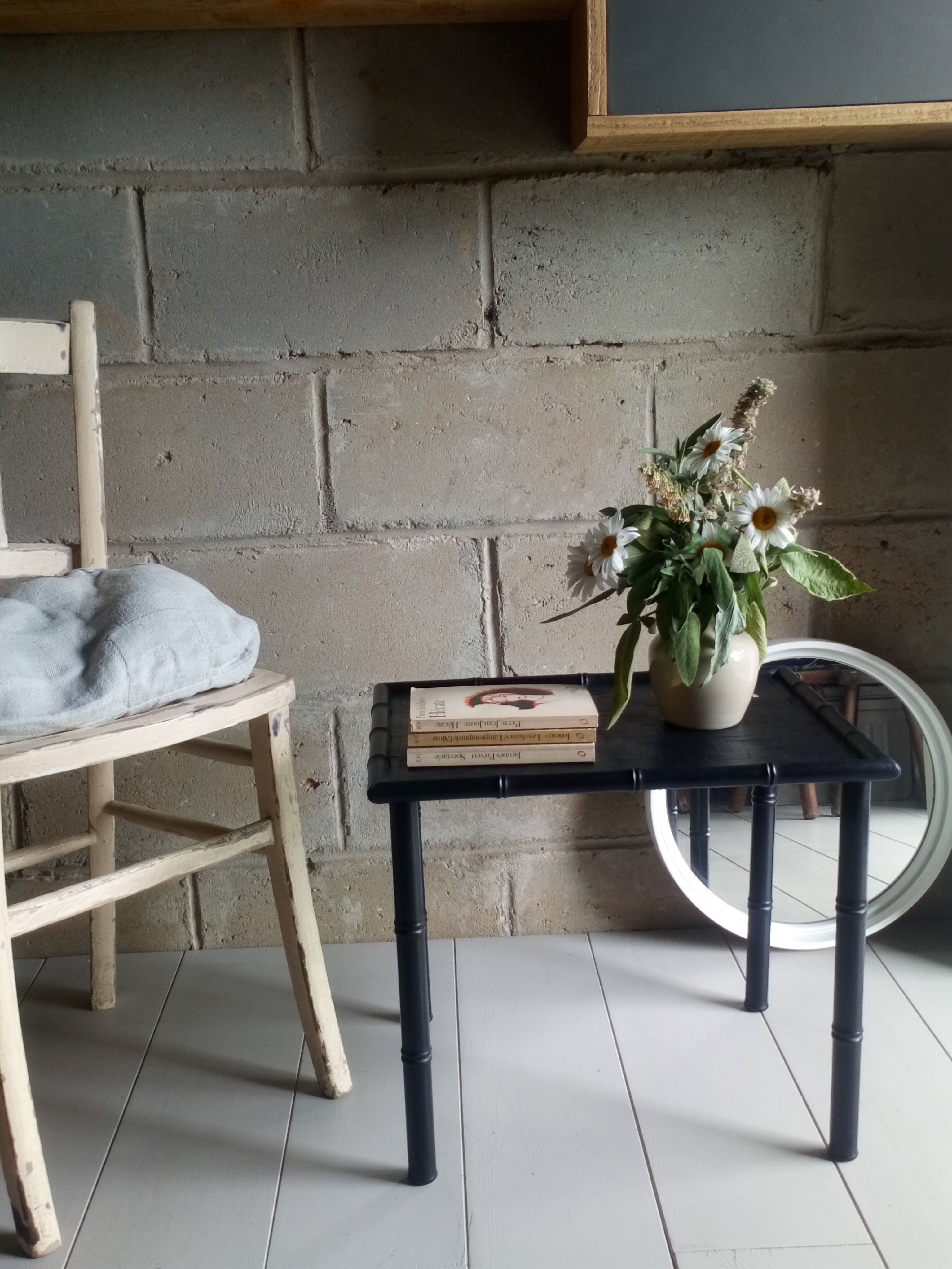 Black wood and bamboo side table