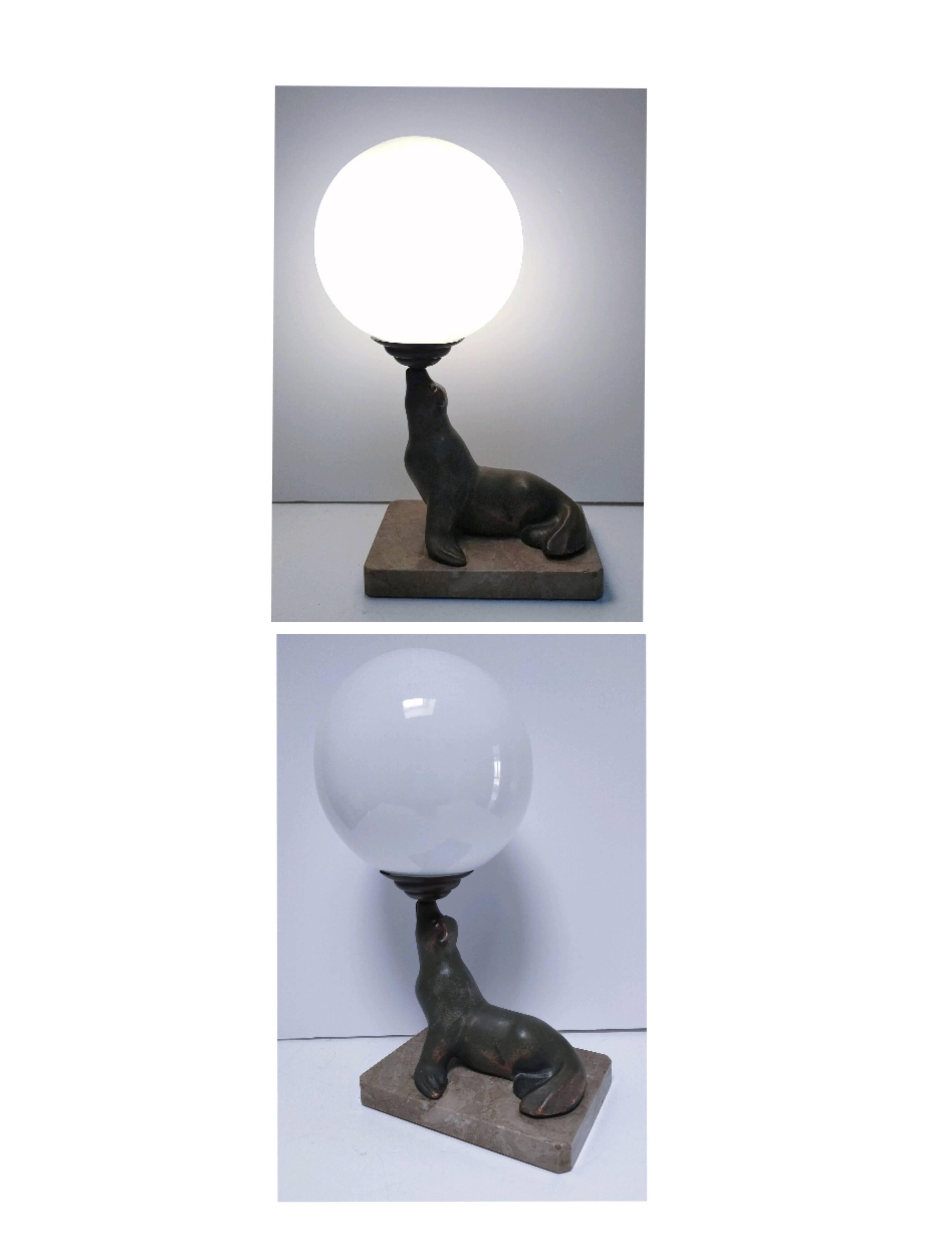 art deco seal lamp marble opaline metal