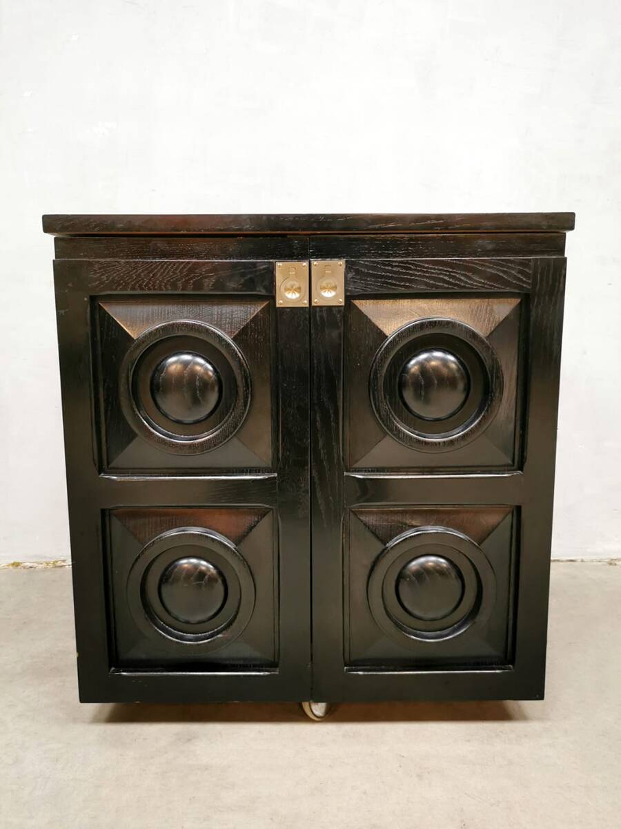 Brutalist bar trolley cocktail bar 'Ebonized oak' Belgium 1970
