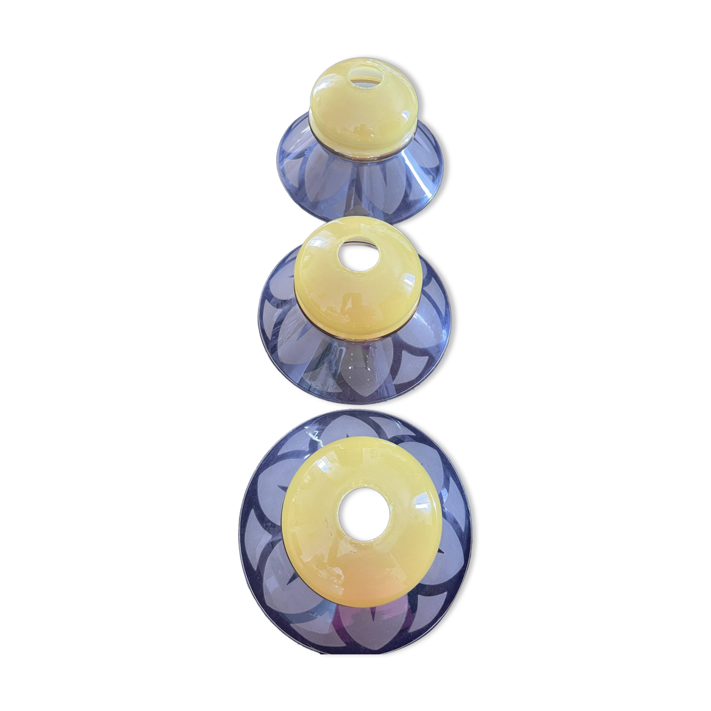 Set of 3 frosted glass and yellow opaline tulips — Vintage 1970