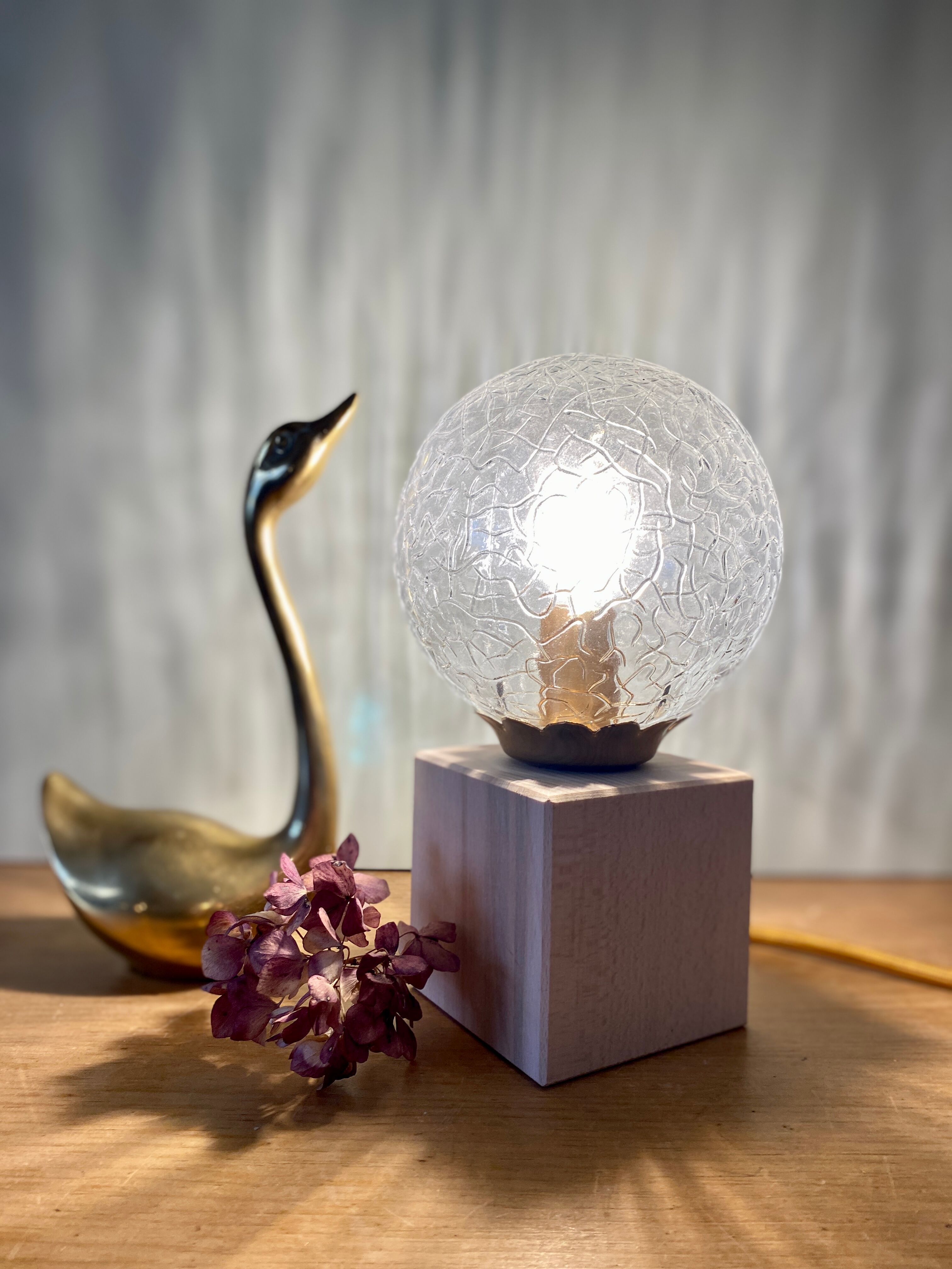 Vintage glass globe table lamp and wooden foot