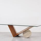 Table italienne Cattelan « Valentino » en noyer et travertin des années 1990.