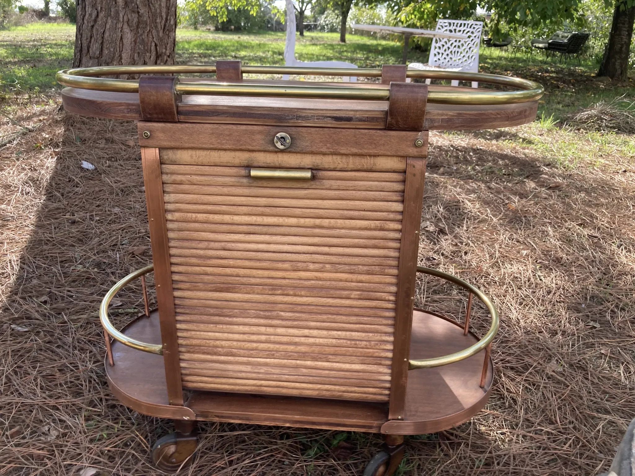 Vintage wooden and brass rolling dessert trolley – 1950s/60s