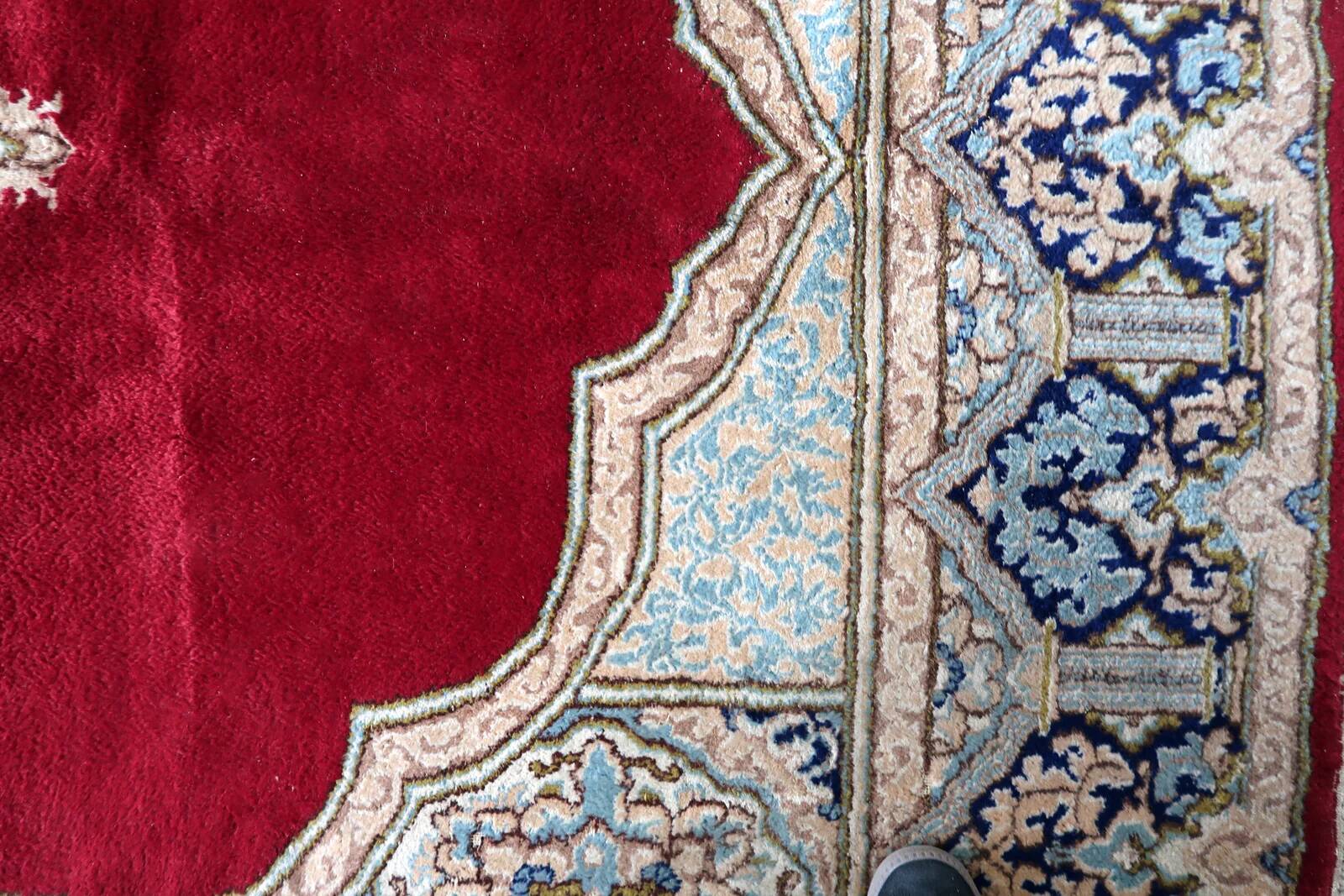 Antique Kerman Kork wool rug, open field medallion, crimson & navy, c. 1930s — 237 × 302 cm — 1C1280