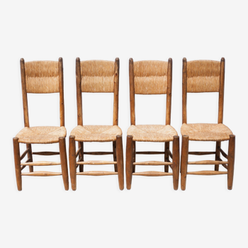 Wooden and straw chair x 4, chair with seat and straw back, chalet, countryside, decoration