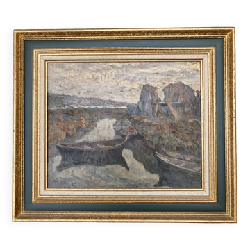 Tableau - La barque de pêche sur l'étang de Berre - F Olivier