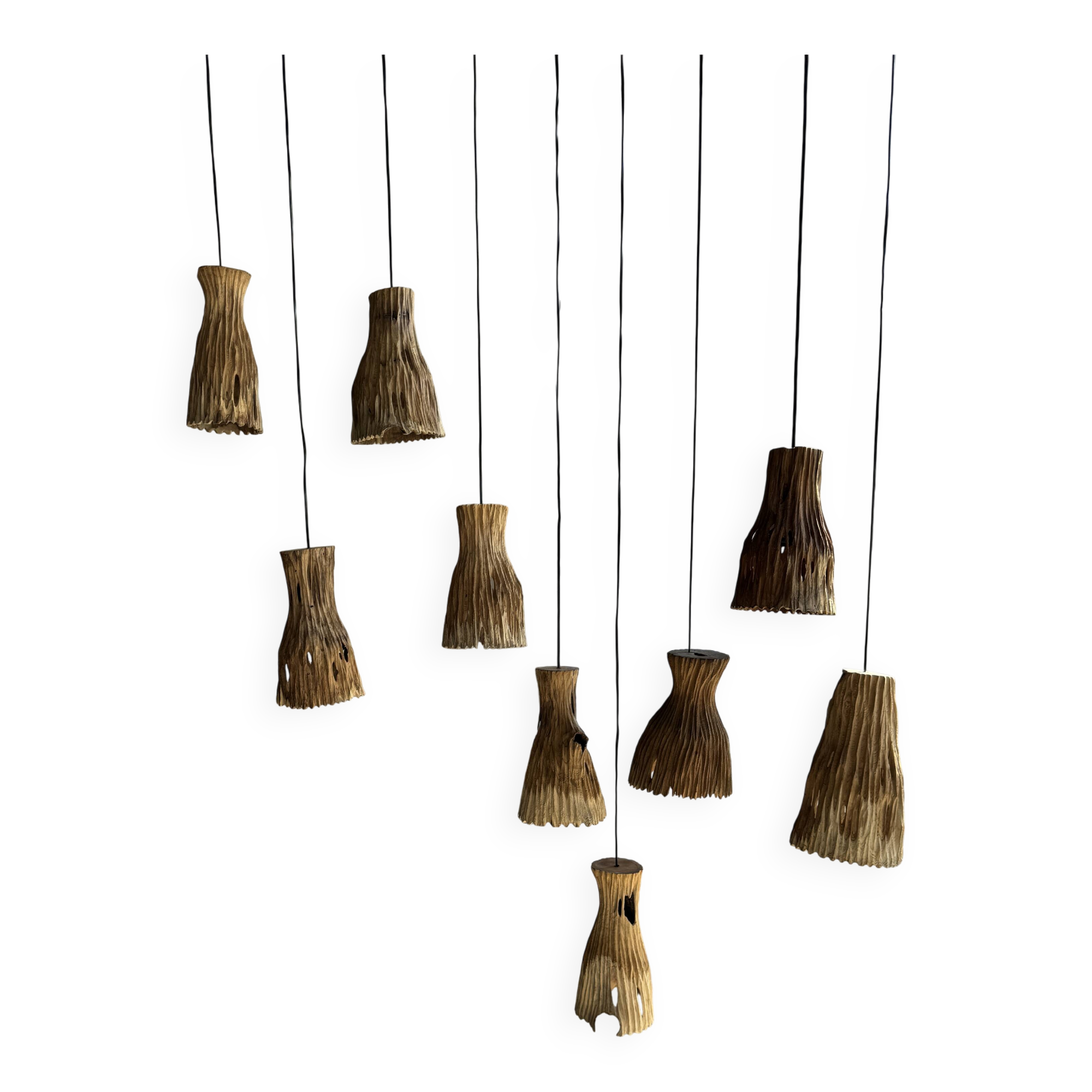 Suspension or lampshade in natural organic teak, tubular, H30 D22.