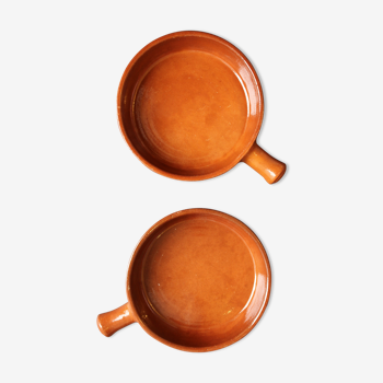 Two enameled terracotta fondue pots