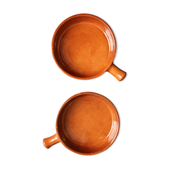 Two enameled terracotta fondue pots