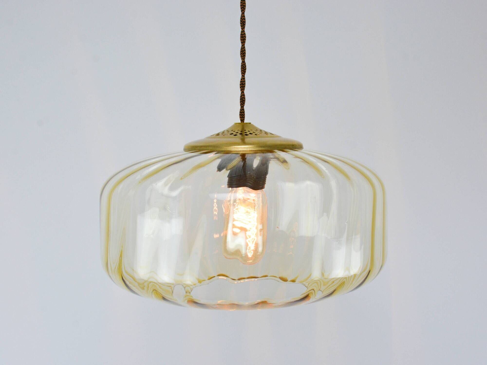 Vintage Light Beige Glass and Brass Pendant Lamp