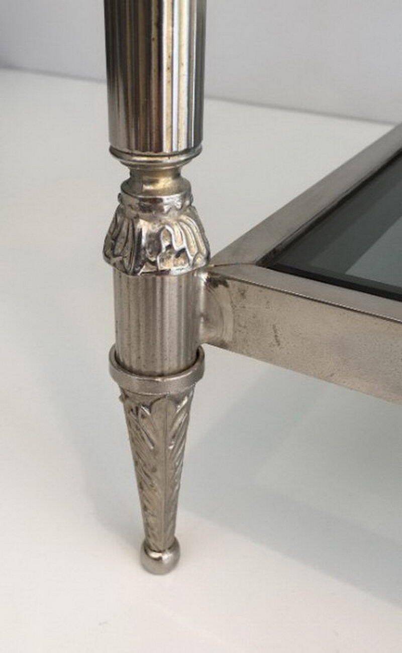 Neoclassical silver coffee table with bluish glass tops