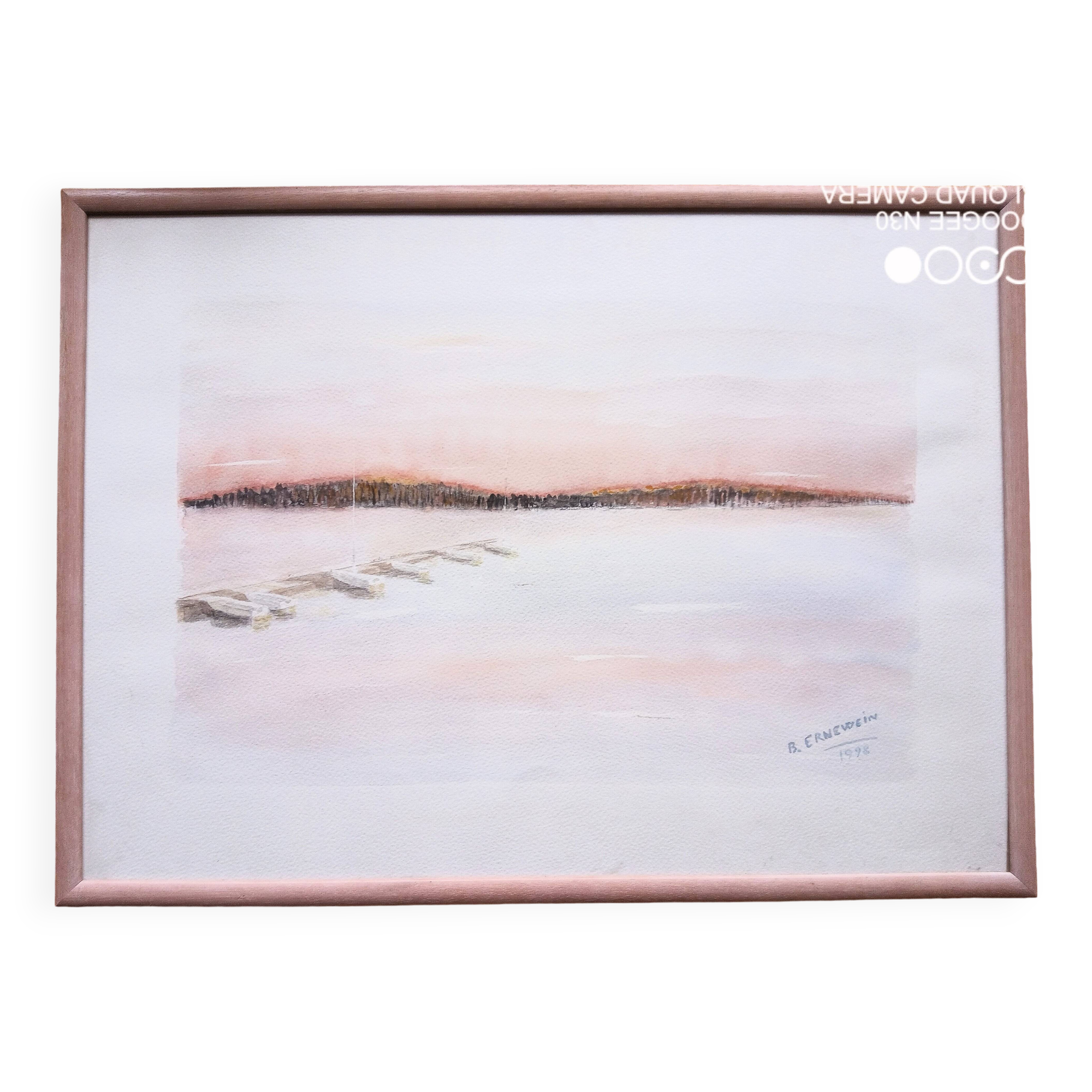 Watercolor on paper - sunset on a beach with boats, framed, signed B. Ernewein