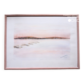 Aquarelle sur papier - couché de soleil sur une plage avec barques, encadrée, signée B. Ernewein