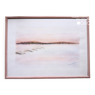 Watercolor on paper - sunset on a beach with boats, framed, signed B. Ernewein