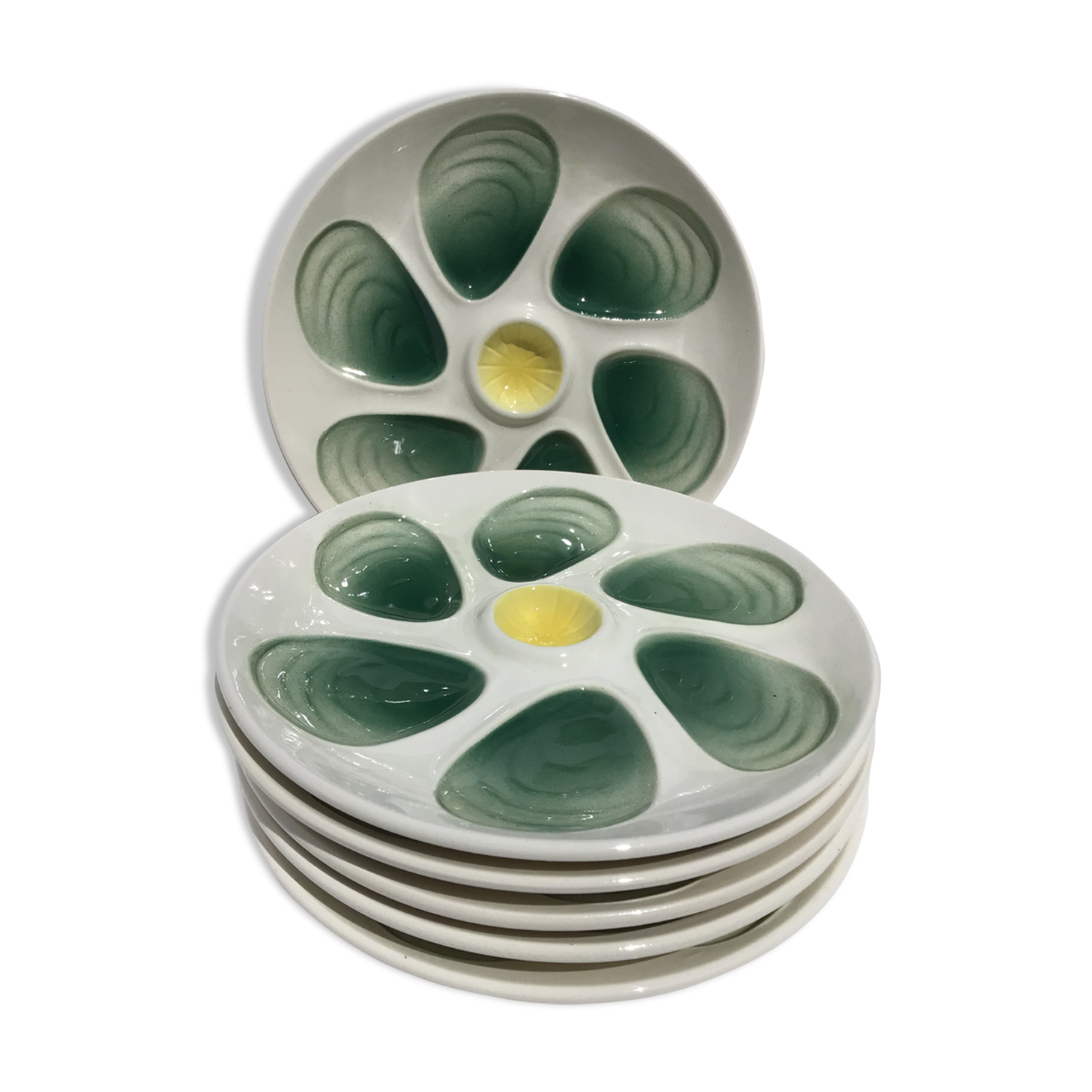 6 oyster plates Salins green earthenware cream