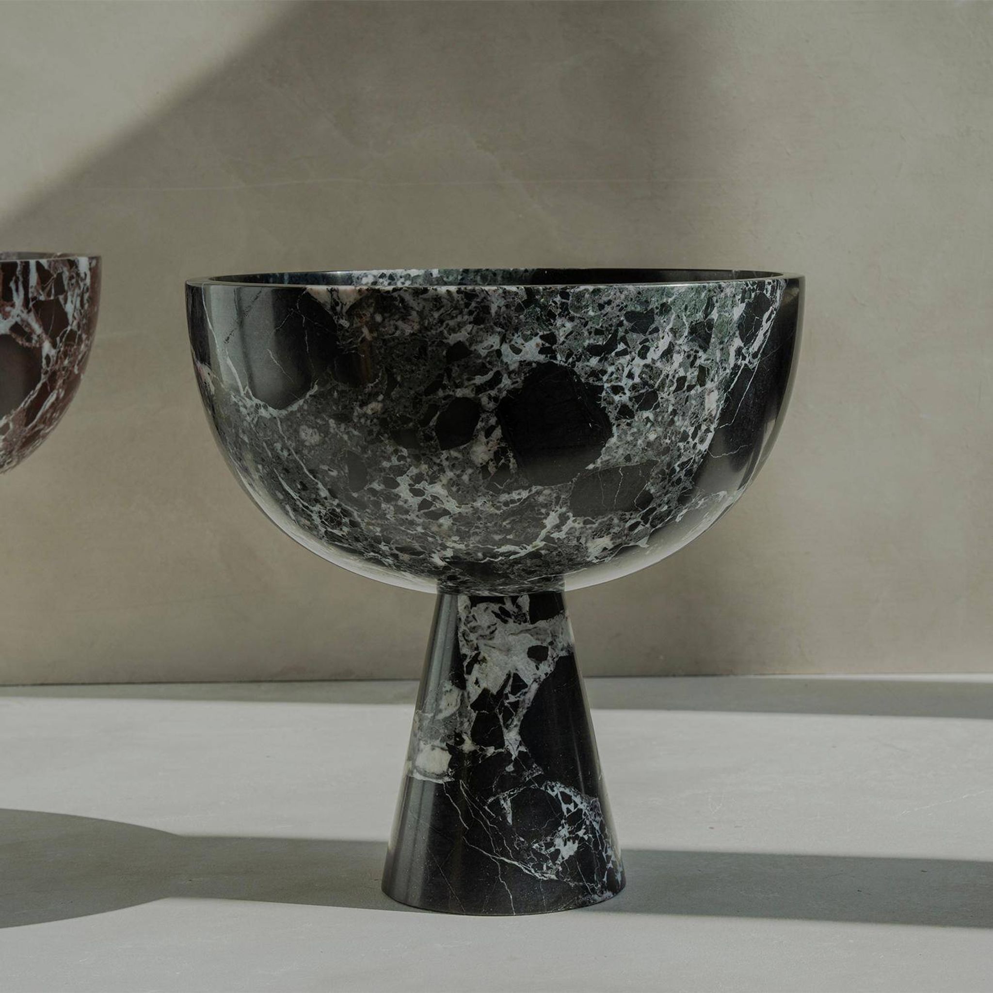 The XL Pedestal Bowl in black and green marble