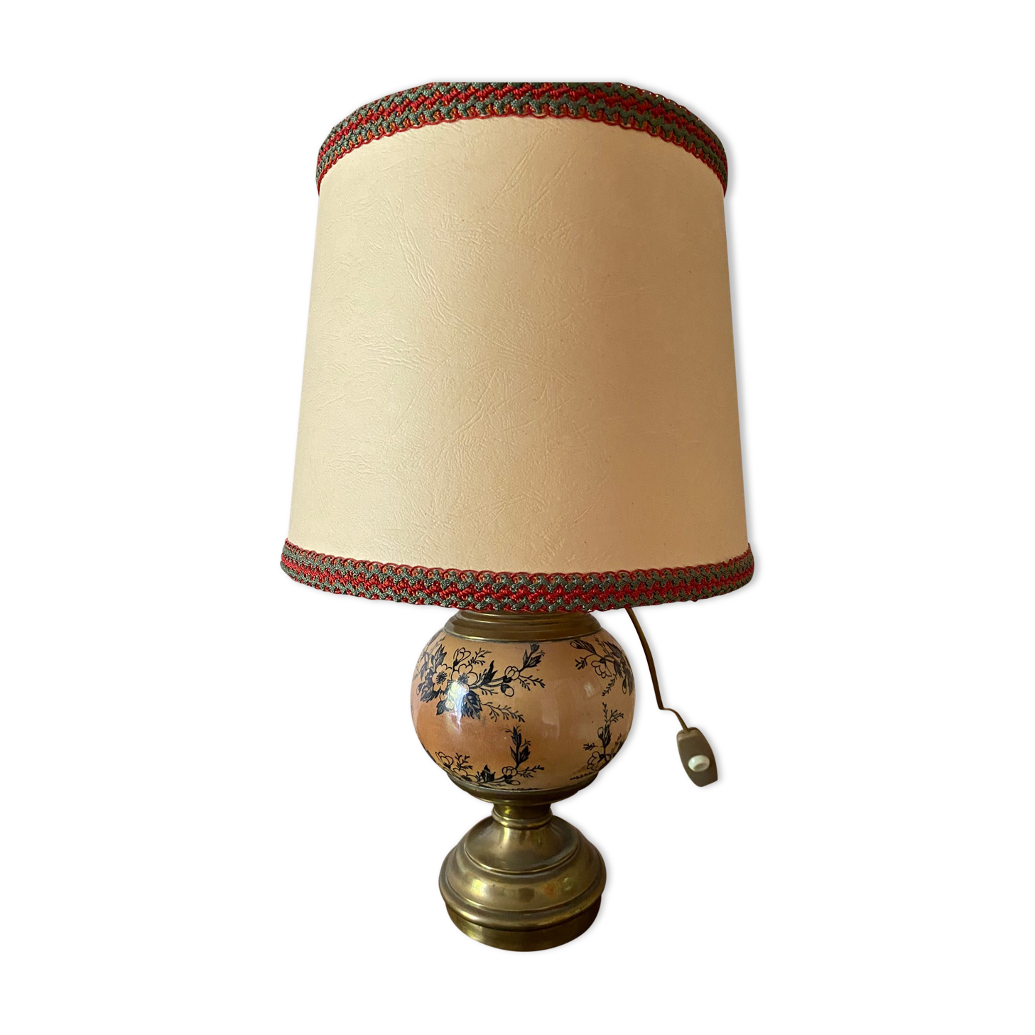Lampe de table vintage pied en porcelaine émaillée fleuri et laiton doré