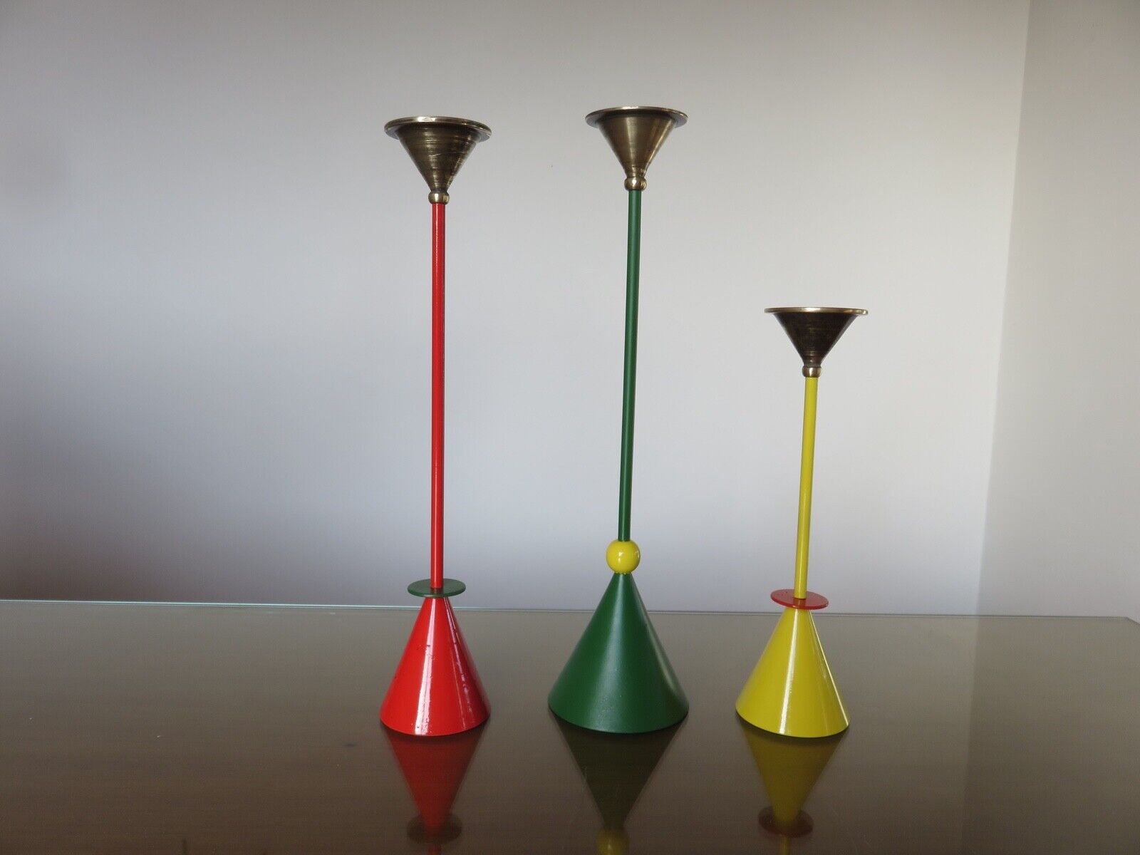 Series of 3 large candle holders signed Christian De Beaumont Memphis style in solid bronze 1980