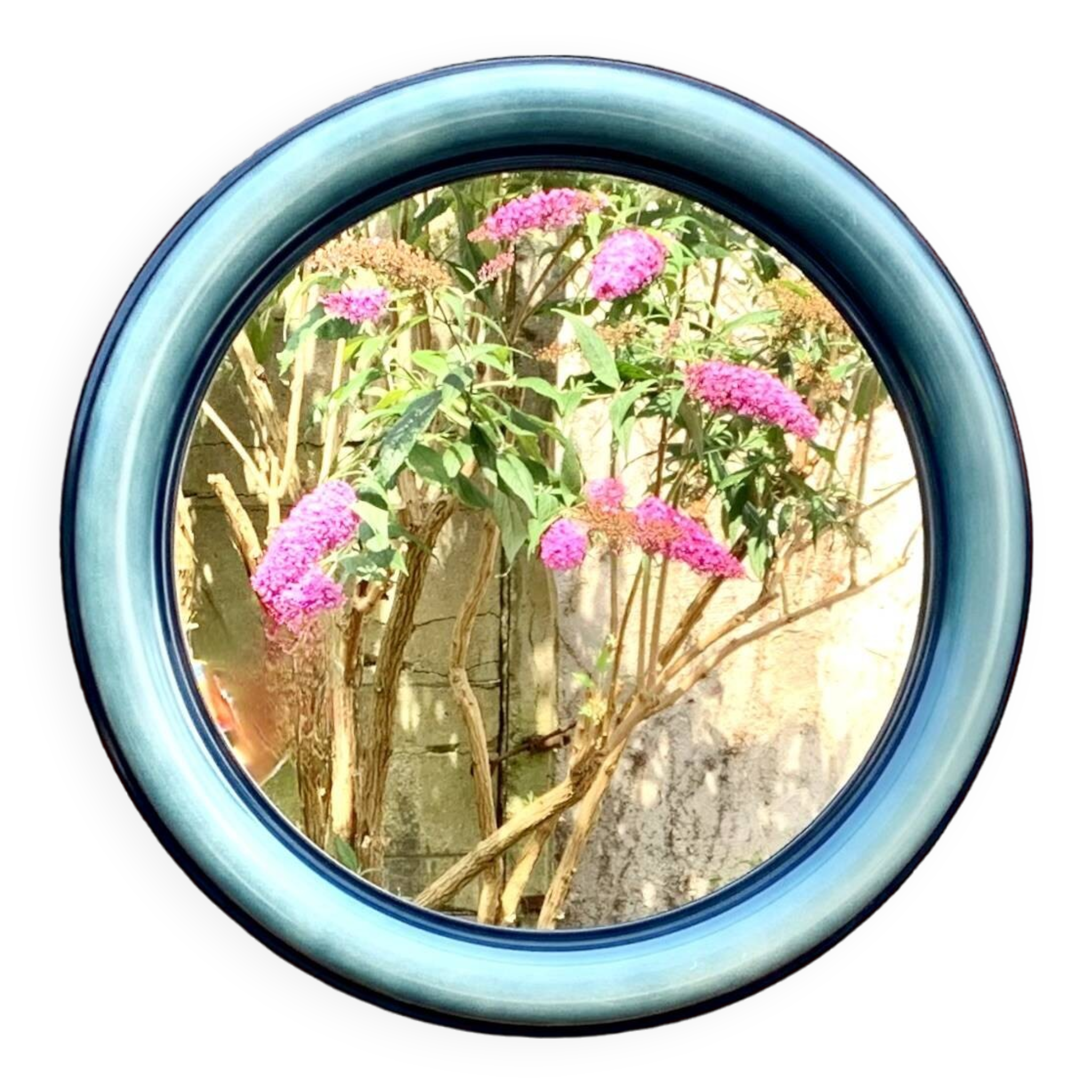 Vintage round wall mirror in blue painted plastic - diameter: 52 cm
