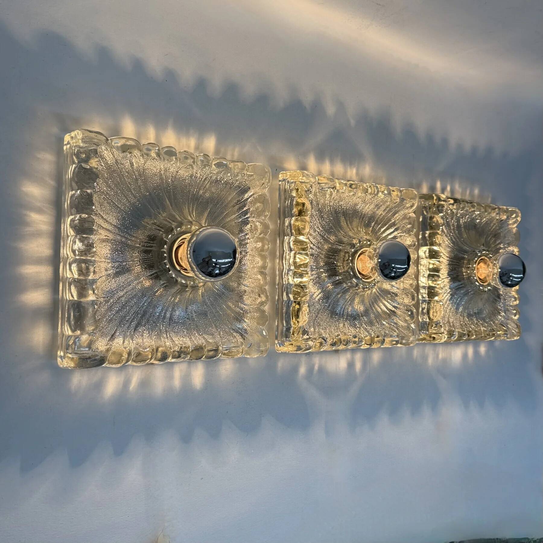 Hustadt Leuchten ice glass wall lamp sconce set of 3, 1970s Germany