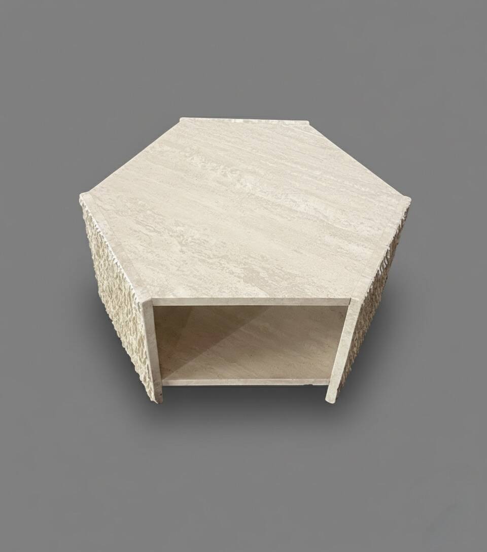 Hexagonal travertine side table by Claude Berraldacci. France.