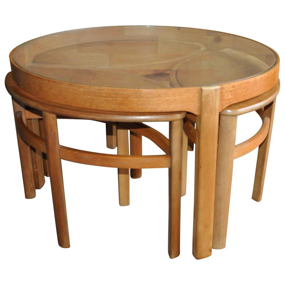 Nest tables in blonde teak with glass tops by Nathan, 1960s (set of 3)