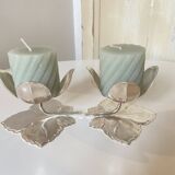 Set of 2 Silver Candle Holders - Tulip Shape on Vine Leaf