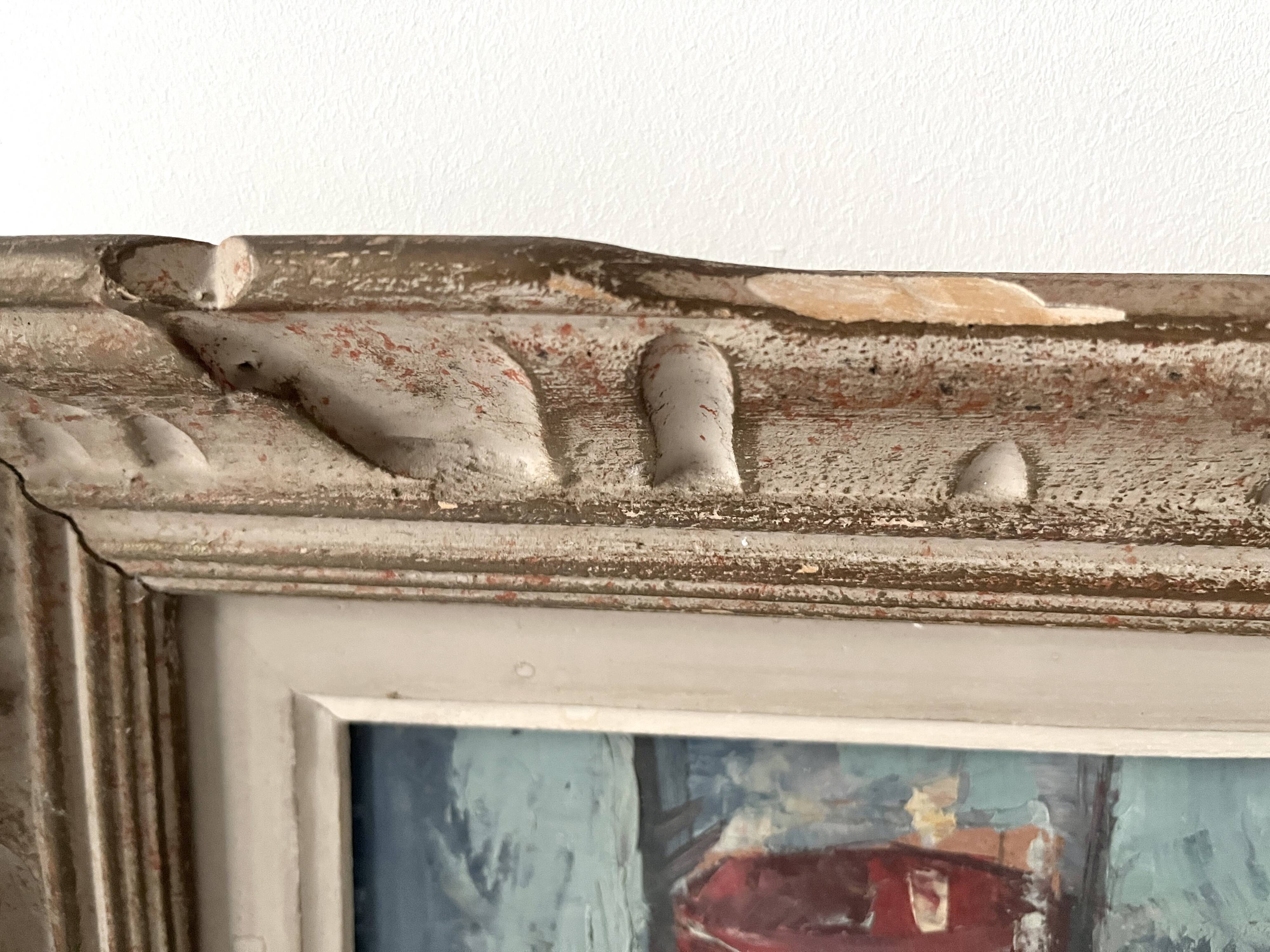 Oil on canvas still life with a baguette and sausage from the 1940s.