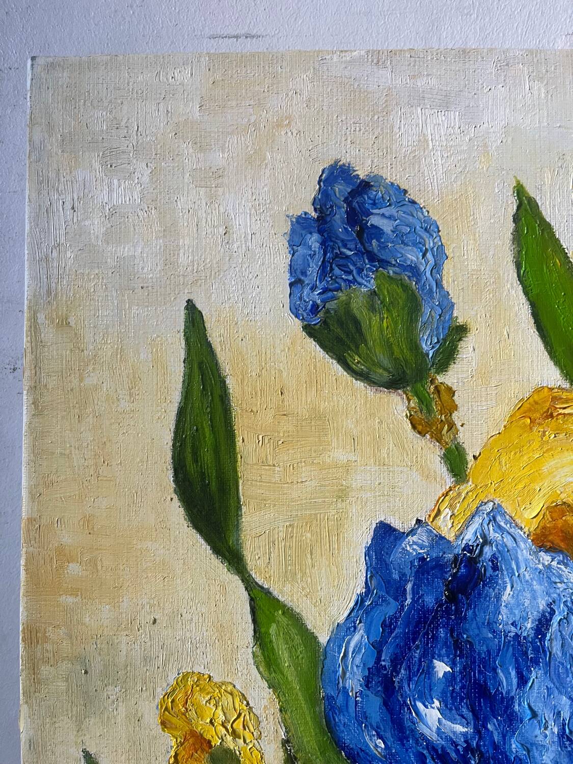 Blue and yellow irises, signed