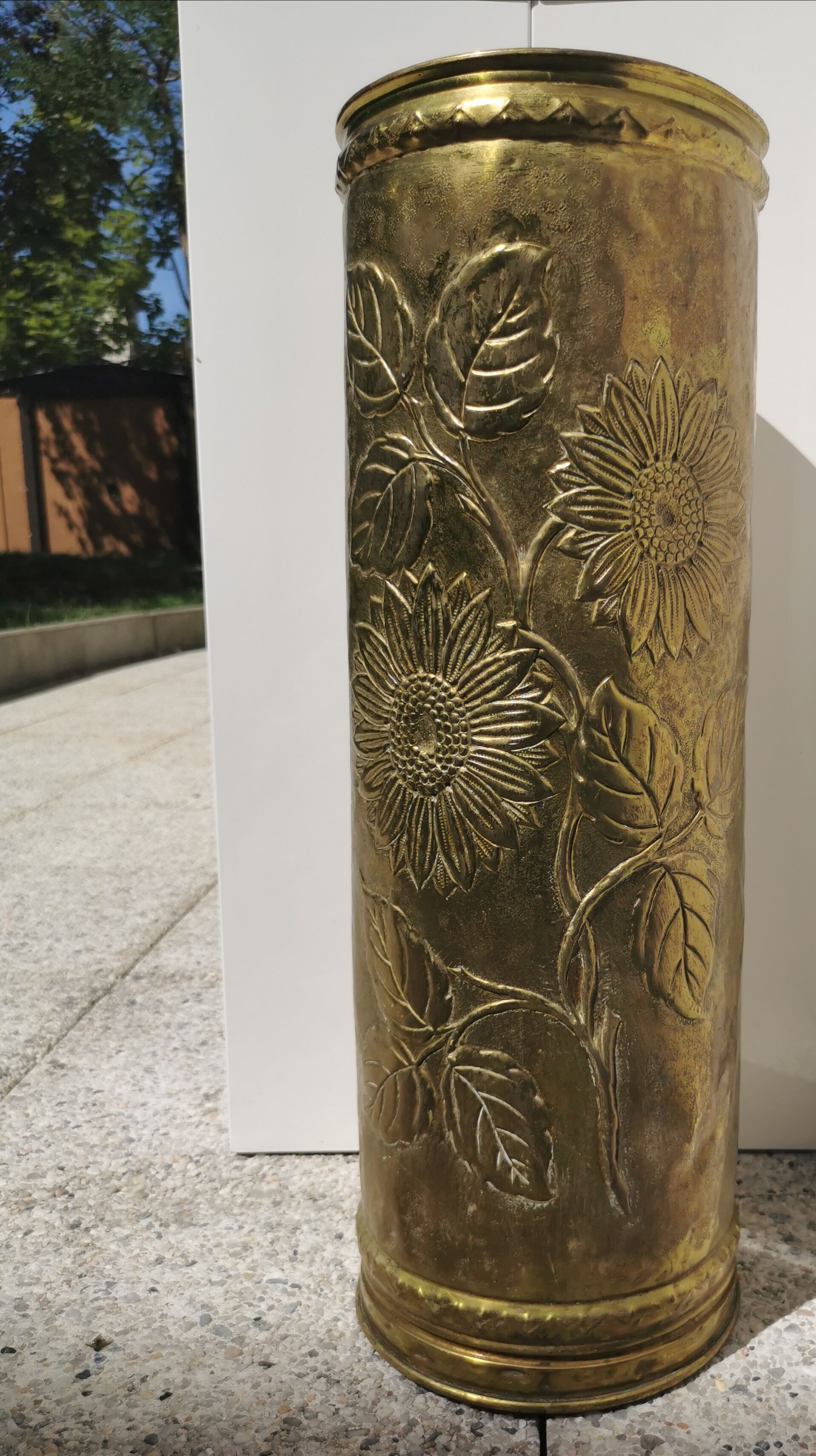 Umbrella holder sunflowers vintage copper and golden brass