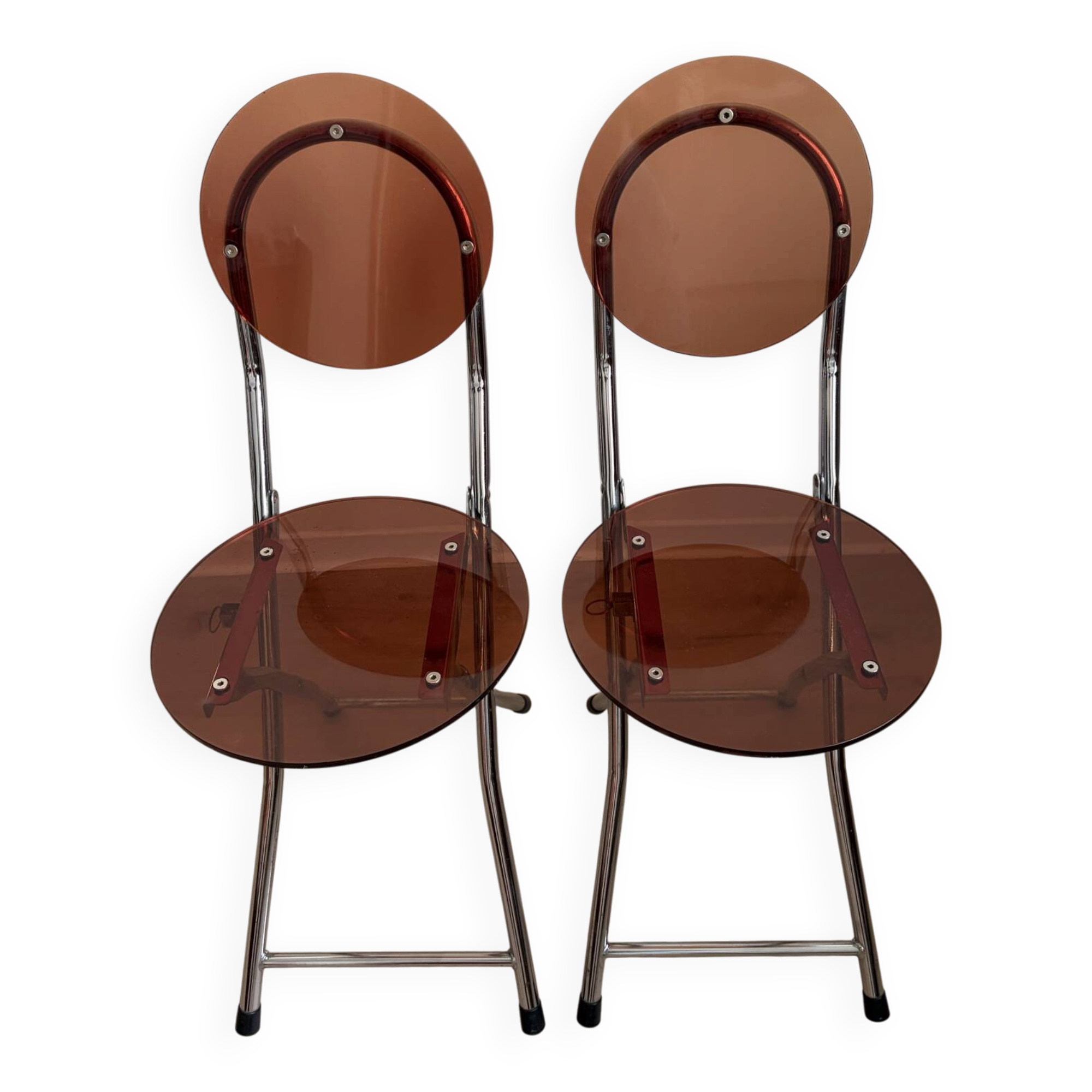 2 folding chairs Space Age plexiglass/steel round back/seat 1980s