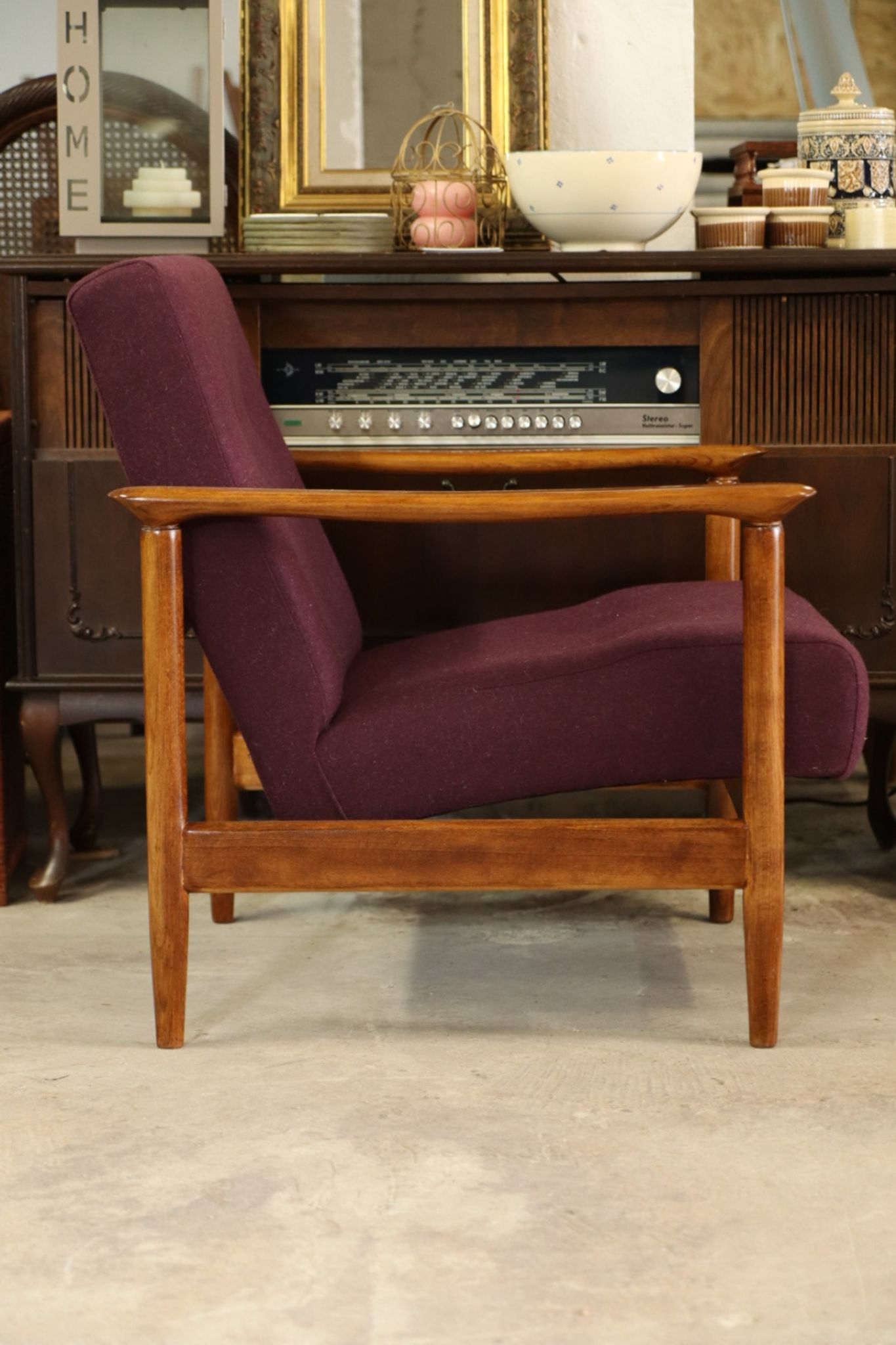 Oryginał wood armchair design by E. Homa 142 aubergine wool vintage chair modern