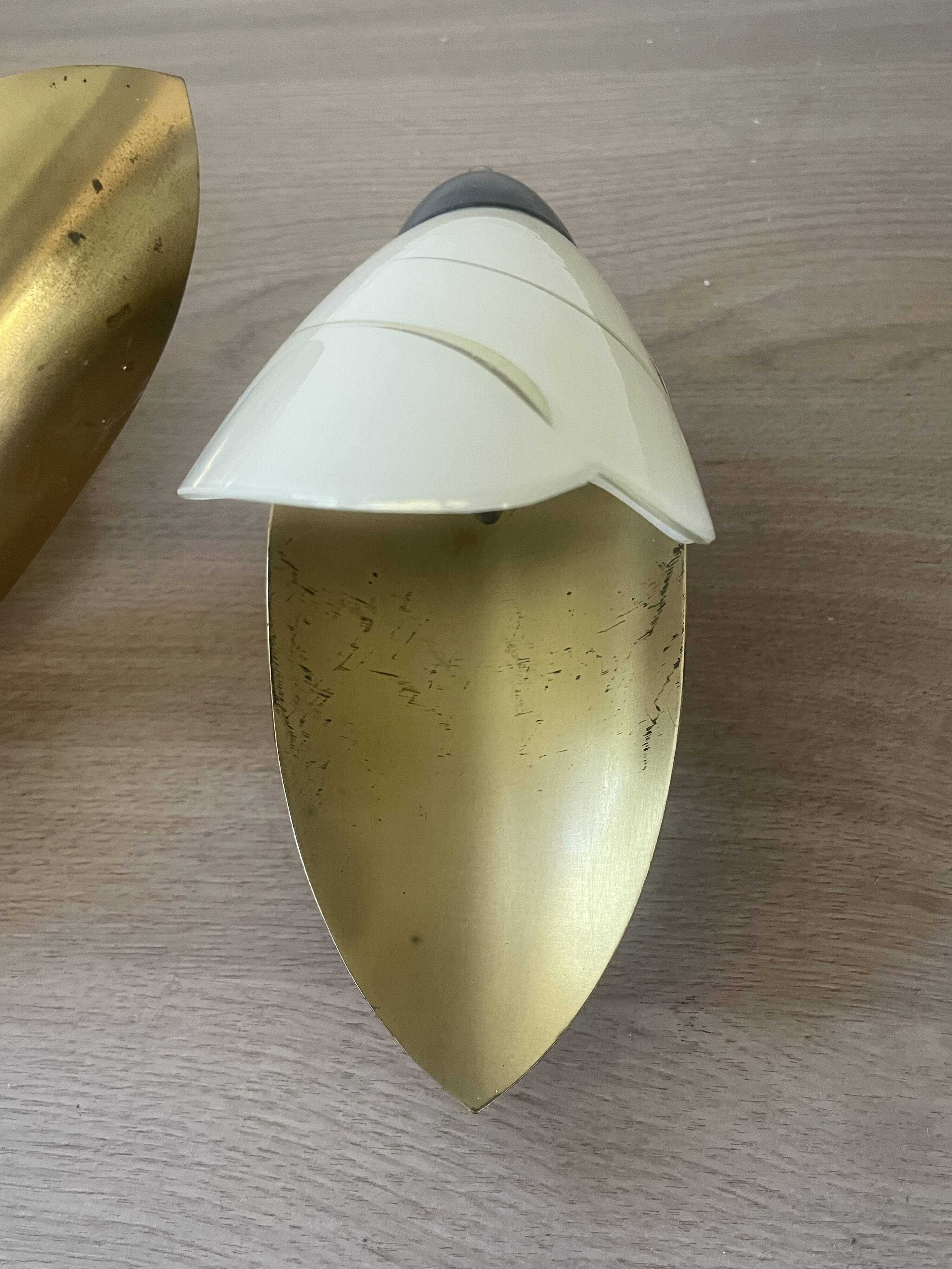 Pair of vintage wall sconces, opaline glass and brass circa 1950.