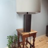 Tall cubic brown leather lamp, light gray fabric lampshade