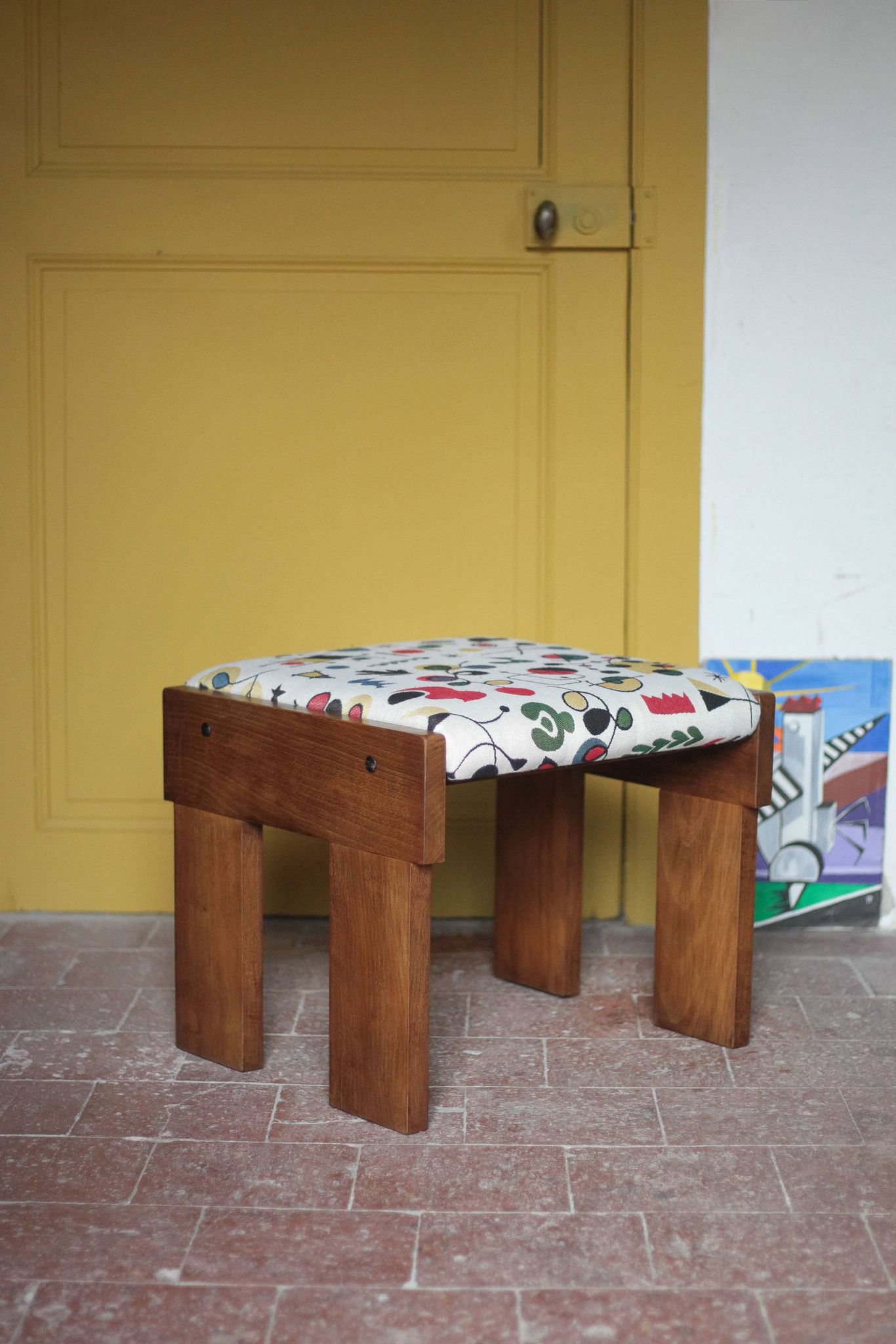 Set of 3 beech wood stools with fabric upholstery in the style of Miro.