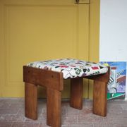 Set of 3 beech wood stools with fabric upholstery in the style of Miro.