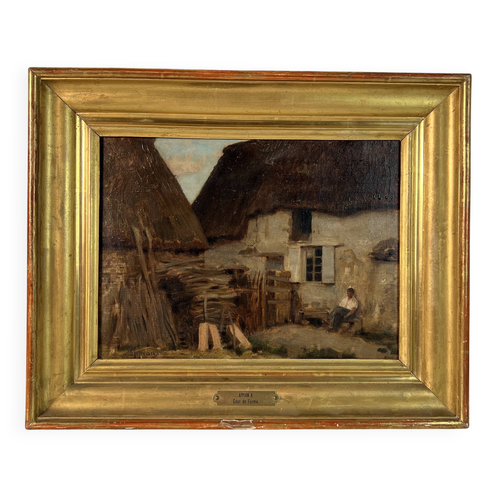 Oil painting on canvas by Adolphe Appian, farm courtyard, Lyon school, 19th century.