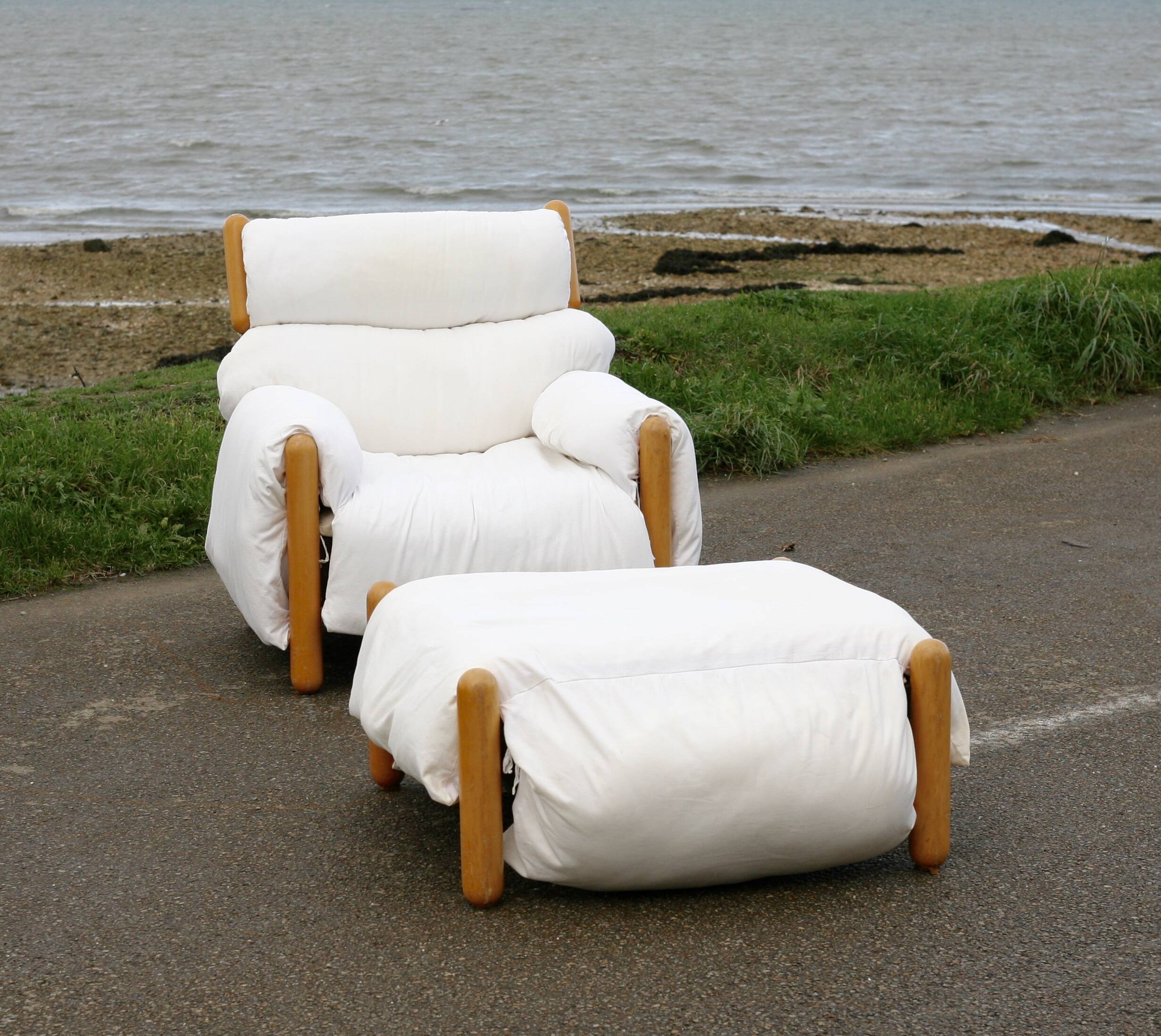 Enzo Mari, Gamba di Legno armchair and ottoman, Driade, Italy, 1976