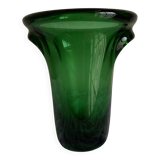 1950s Médicis vase, large Art Deco with handles, made of green blown glass.
