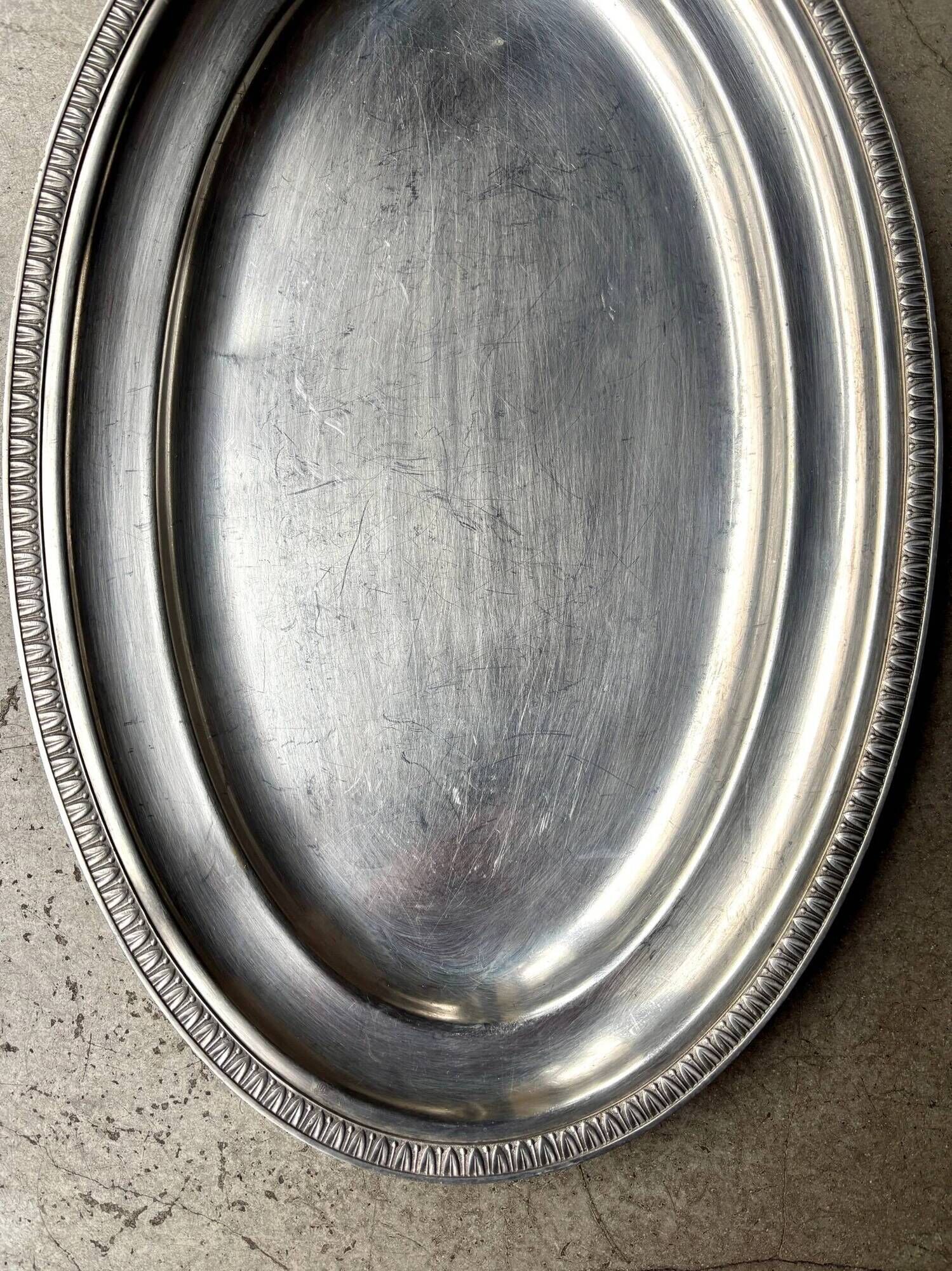 Oval silver-plated metal dish with palmette motif