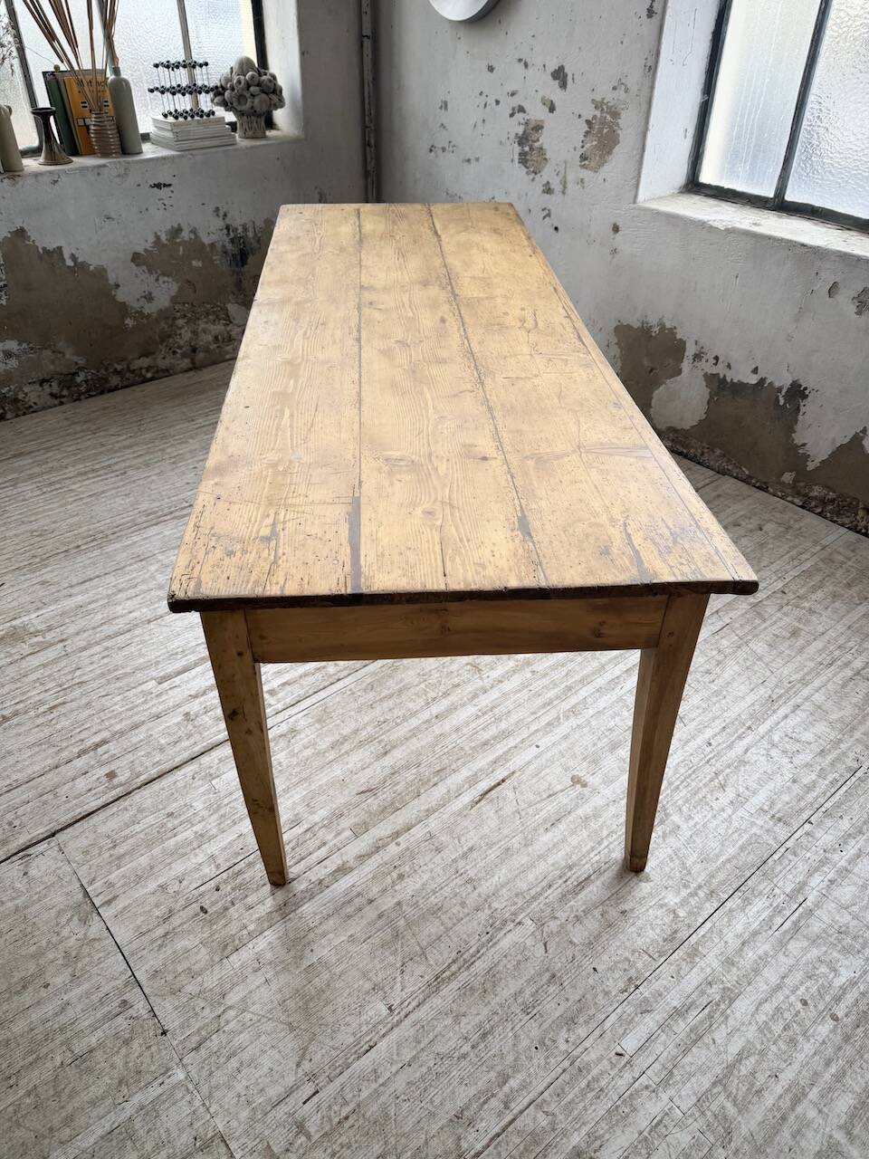 Pine and oak farmhouse table with multiple drawers, communal type, 240cm.