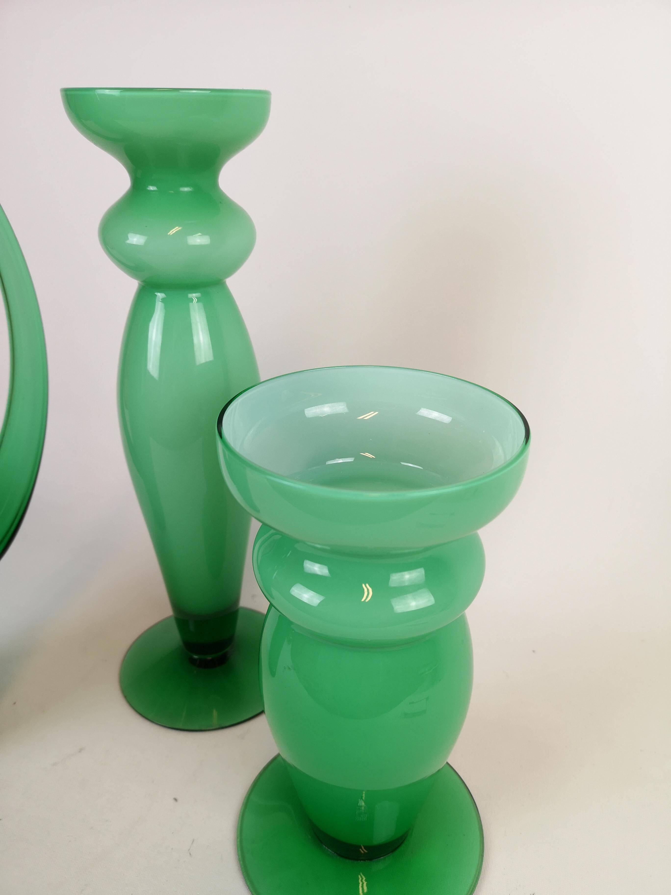 Set of 3 green glass pieces by Orrefors, Sweden