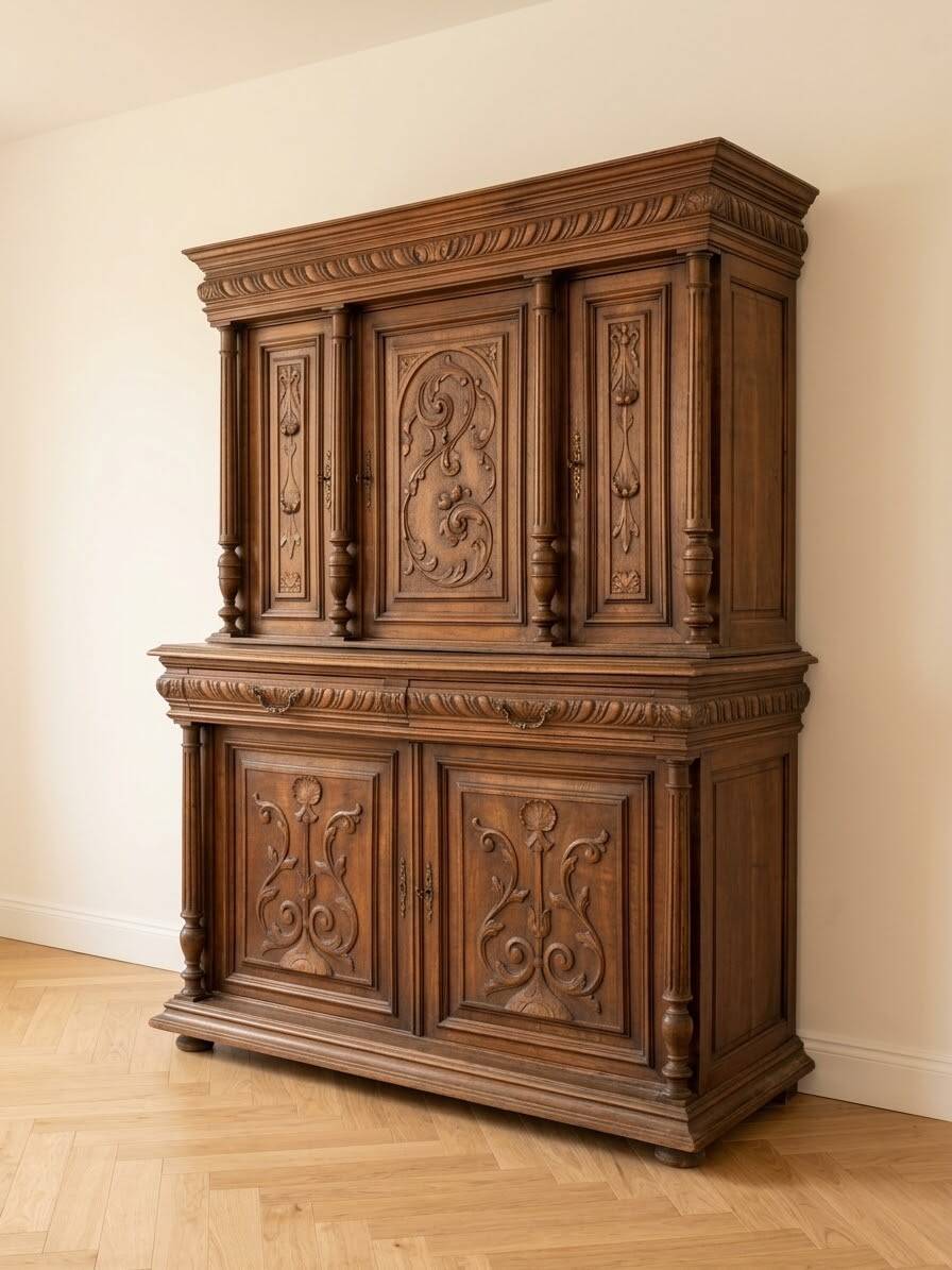 Large antique wooden sideboard carved in rustic style.