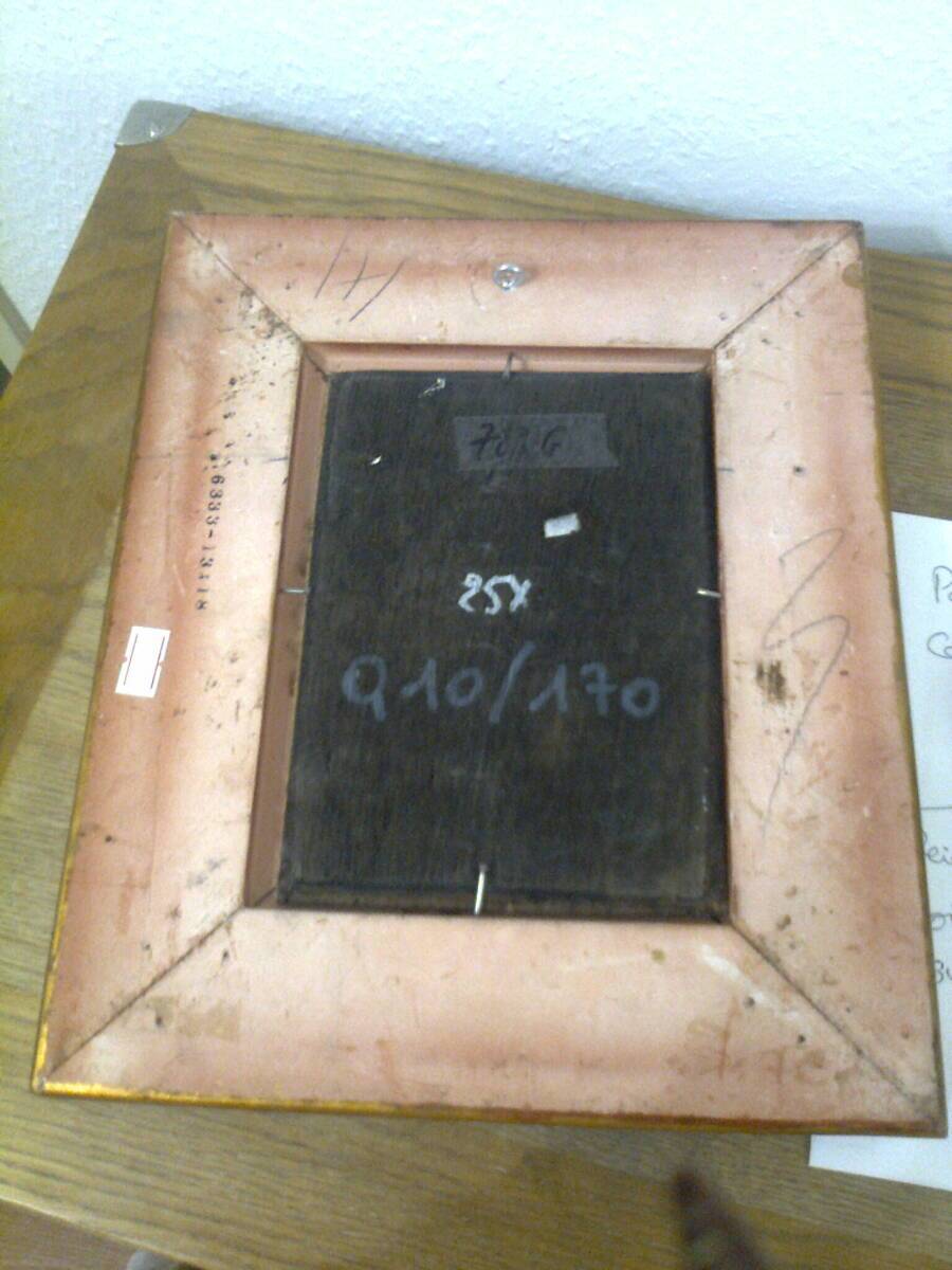 Painting on wood, gilded carved frame, image: blue birds / birches in winter