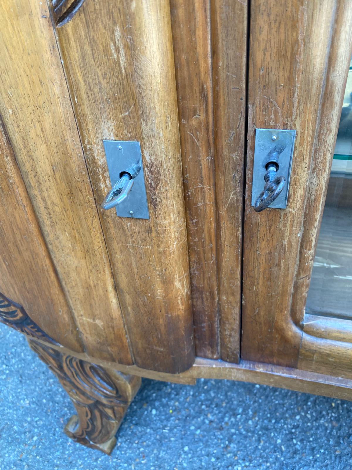 Art Deco sideboard top, low display cabinet in solid wood and mirror from the 1940s.