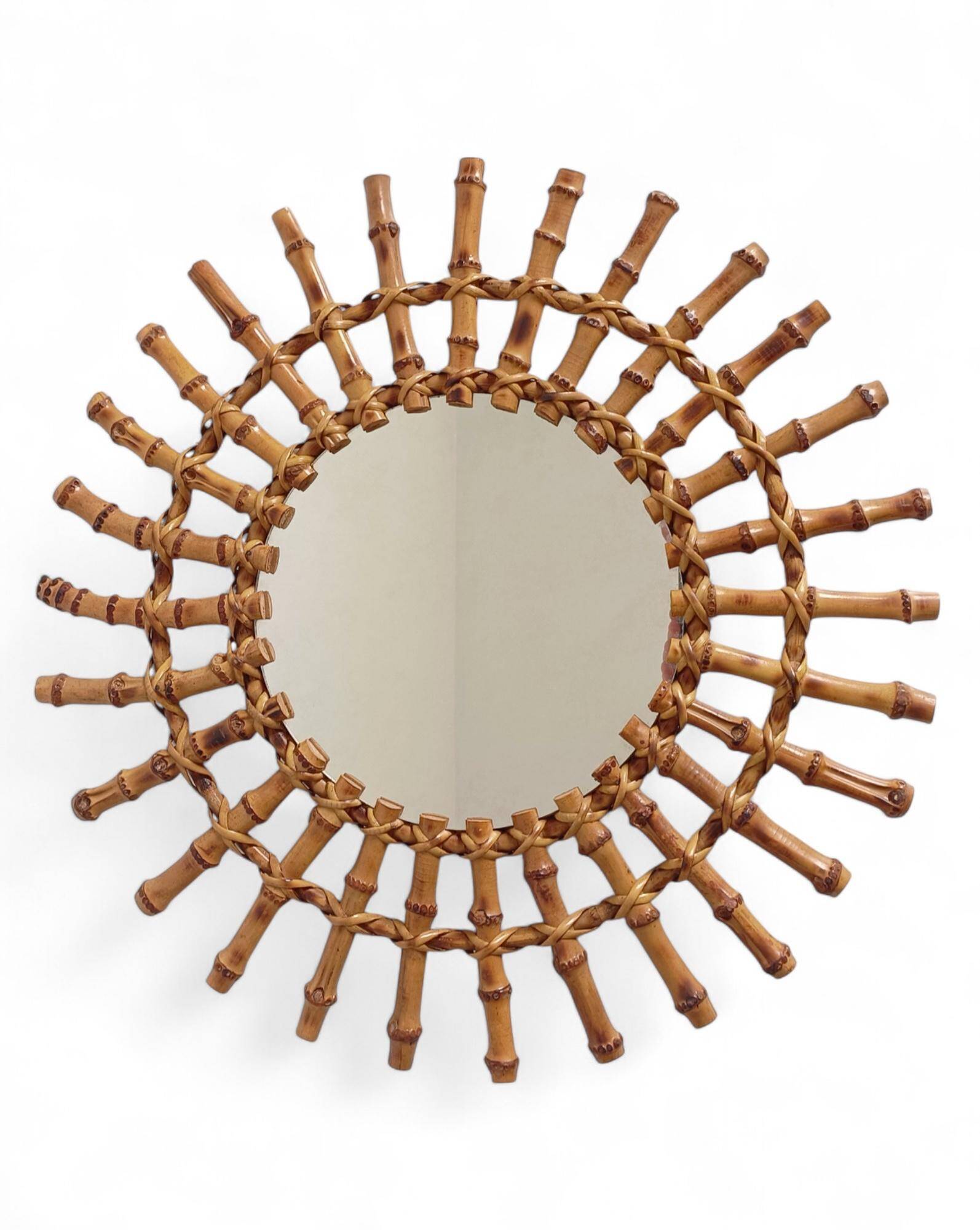 Midcentury Sunburst Mirror, Bamboo & Rattan, Handmade in France, 1950s